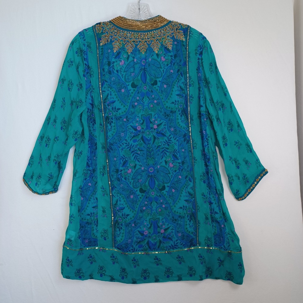 Soft Surroundings Teal Silk Blend Beaded Tunic Top Blue Paisley Boho Womens Sm - Picture 3 of 11